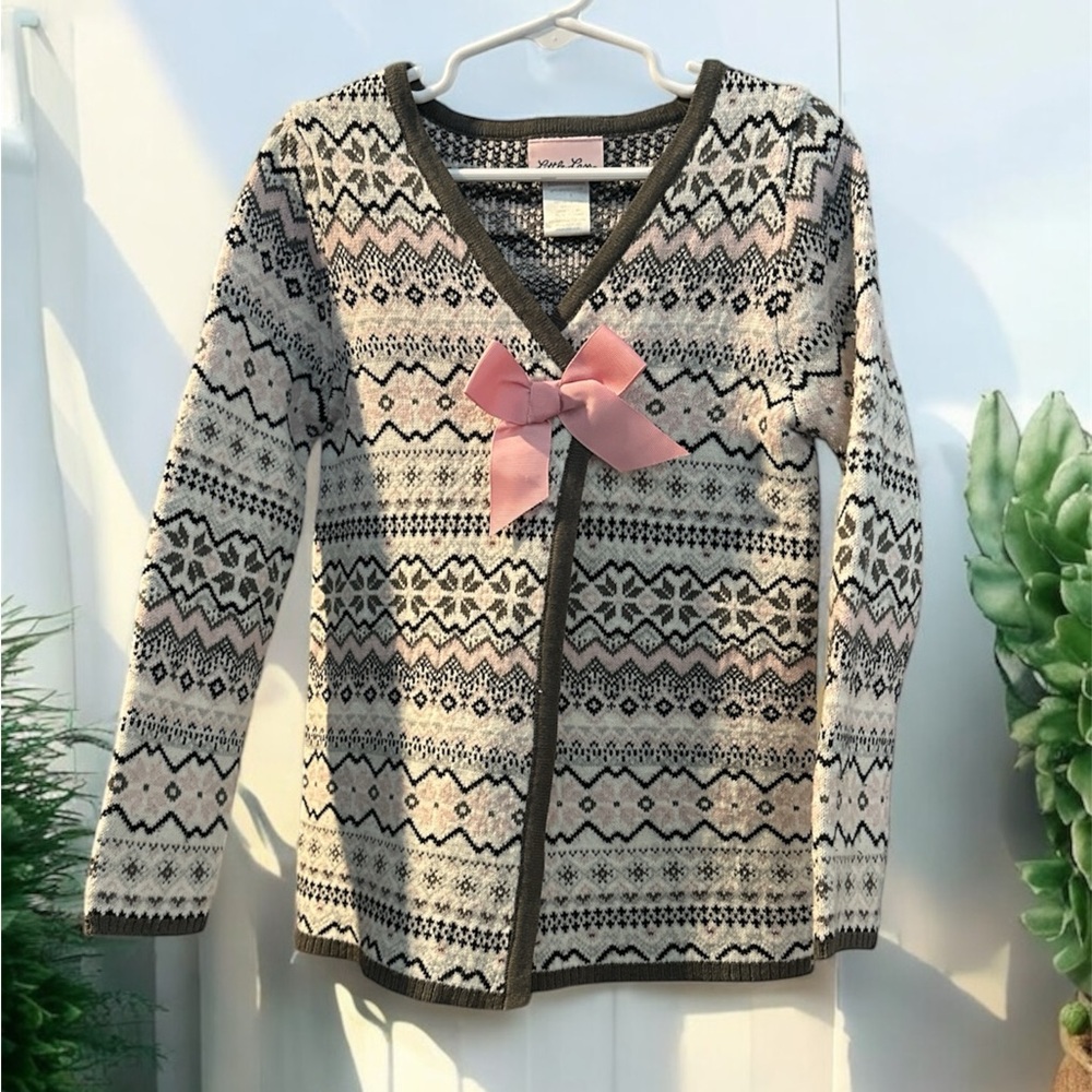 Little Lass Pink and Gray Knit Cardigan with Bow